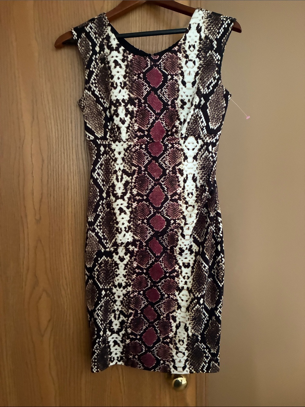 Calvin Klein Burgundy, Tan & Black Snakeskin Sheath Mini Dress
